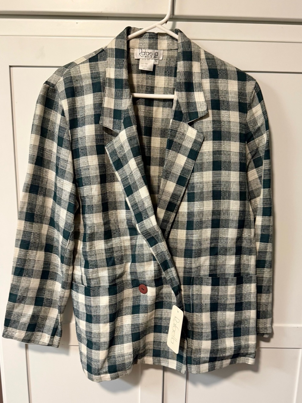 Vintage Linen Blend Made in Italy Green & Cream Plaid Blazer